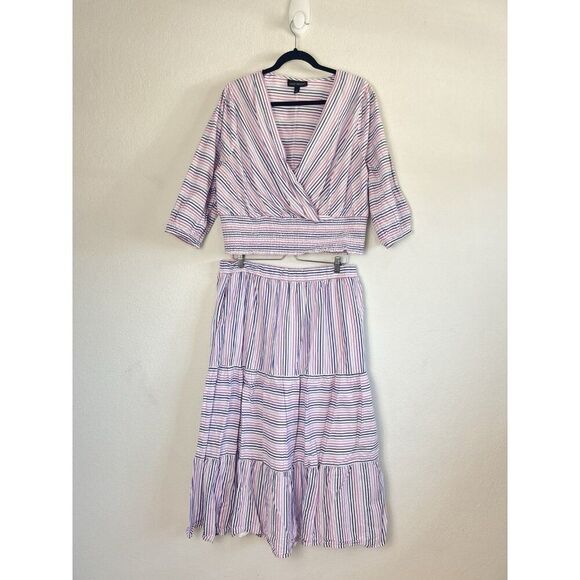 Lane Bryant White Purple Striped Skirt Top Set Plus Sz 16 Cotton Spring Smocked - Picture 2 of 12